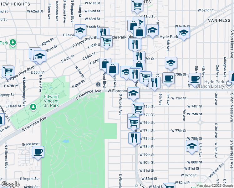 map of restaurants, bars, coffee shops, grocery stores, and more near 3516 West Florence Avenue in Los Angeles