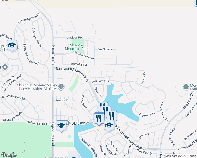 map of restaurants, bars, coffee shops, grocery stores, and more near 23496 Mariner Way in Moreno Valley