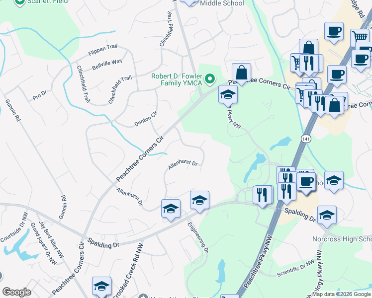 map of restaurants, bars, coffee shops, grocery stores, and more near 3844 High Shoals Drive in Norcross