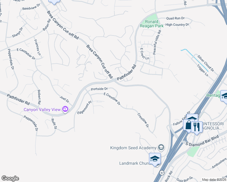 map of restaurants, bars, coffee shops, grocery stores, and more near 20374 Portside Drive in Walnut