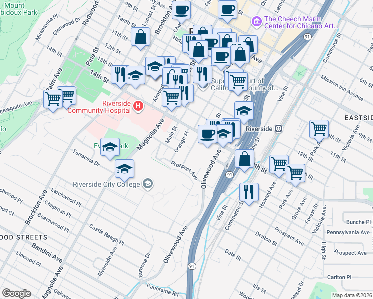 map of restaurants, bars, coffee shops, grocery stores, and more near 4475 Orange Grove Avenue in Riverside
