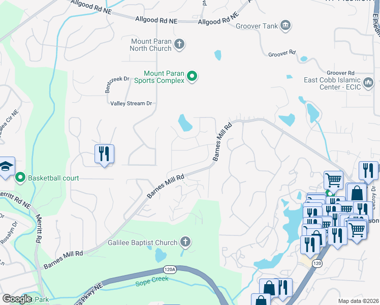 map of restaurants, bars, coffee shops, grocery stores, and more near 1670 Grist Mill Drive in Marietta