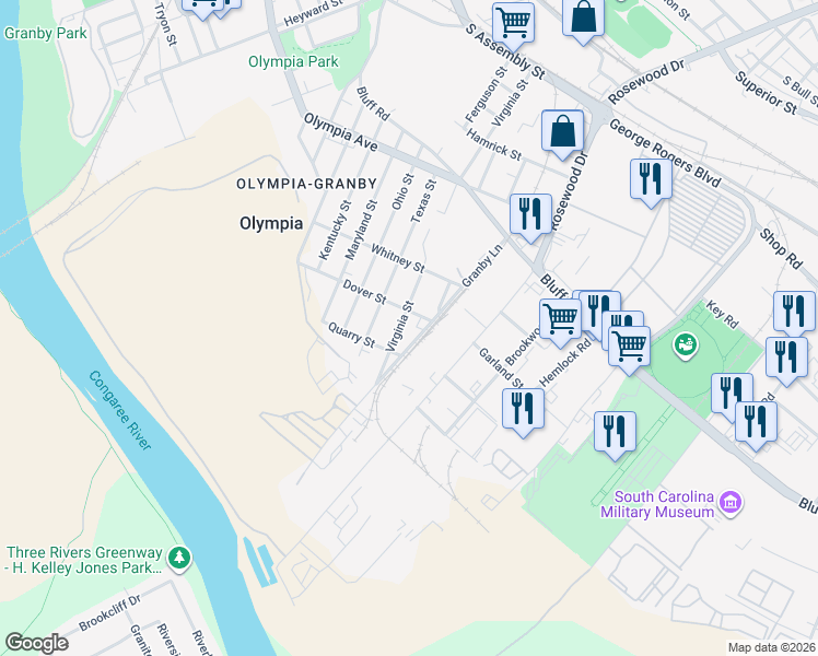 map of restaurants, bars, coffee shops, grocery stores, and more near 450 Virginia Street in Columbia