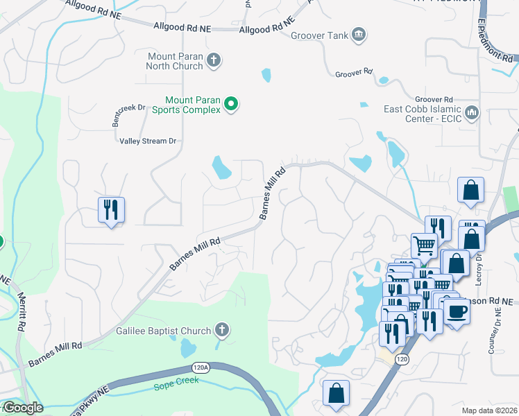 map of restaurants, bars, coffee shops, grocery stores, and more near 1732 Paddlewheel Drive Northeast in Marietta