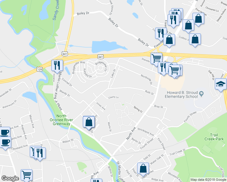 map of restaurants, bars, coffee shops, grocery stores, and more near 115 Cherry Lane in Athens