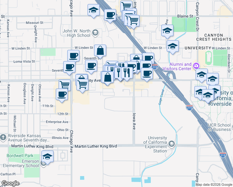 map of restaurants, bars, coffee shops, grocery stores, and more near 1402 Everton Place in Riverside