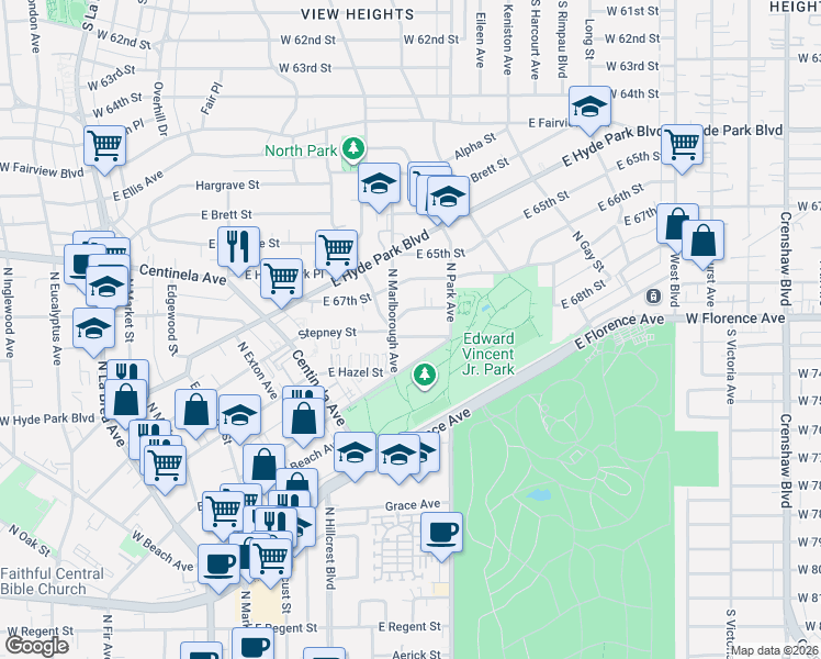 map of restaurants, bars, coffee shops, grocery stores, and more near 711 Stepney Street in Inglewood