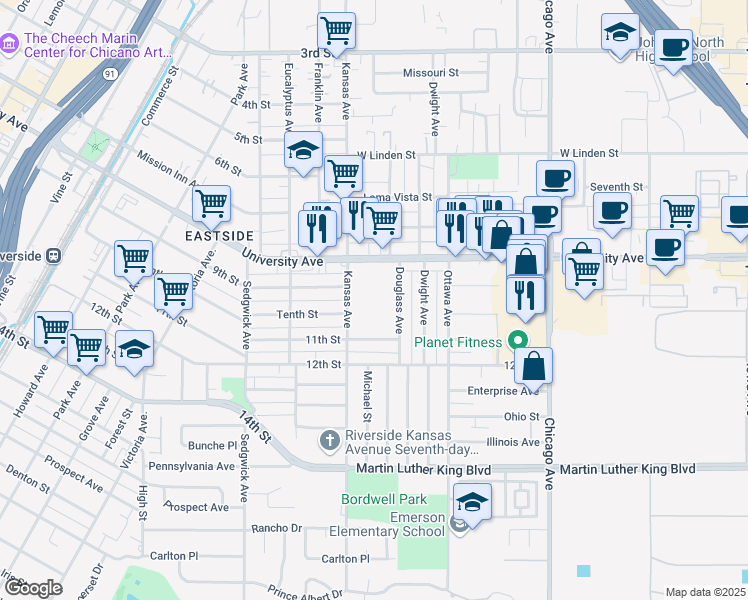 map of restaurants, bars, coffee shops, grocery stores, and more near 2060 University Avenue in Riverside