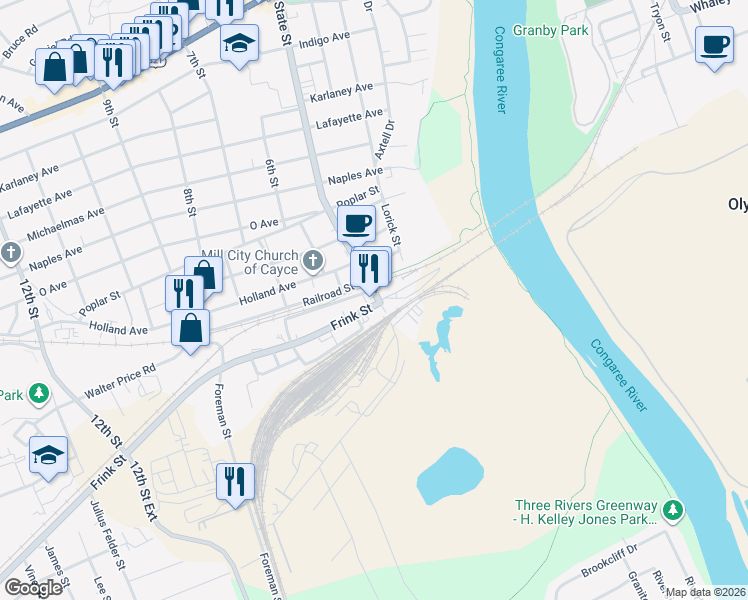 map of restaurants, bars, coffee shops, grocery stores, and more near 523 Frink Street in Cayce