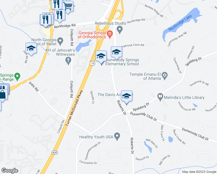 map of restaurants, bars, coffee shops, grocery stores, and more near 325 Eastcote Drive in Atlanta