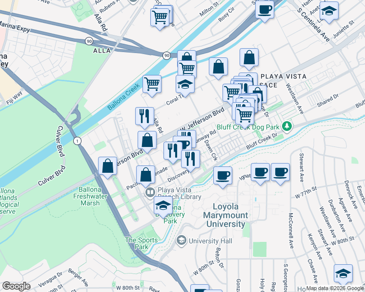 map of restaurants, bars, coffee shops, grocery stores, and more near 6020 South Seabluff Drive in Los Angeles
