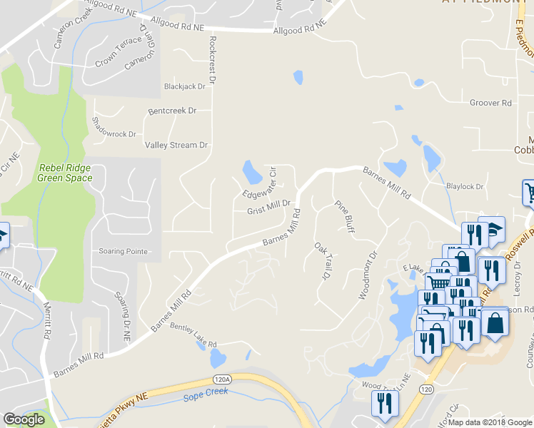 map of restaurants, bars, coffee shops, grocery stores, and more near 1676 Grist Mill Drive in Marietta