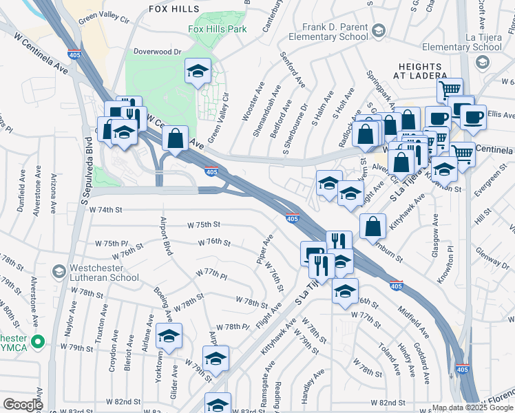 map of restaurants, bars, coffee shops, grocery stores, and more near 5845 West 74th Street in Los Angeles