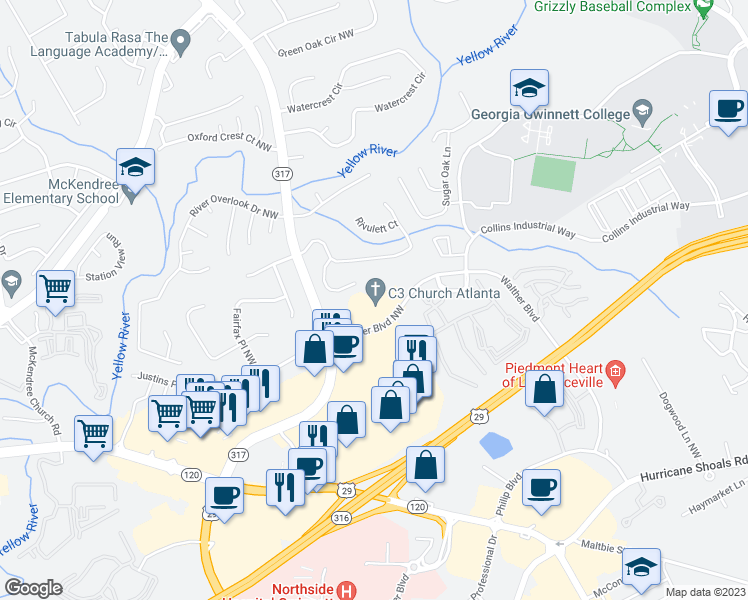 map of restaurants, bars, coffee shops, grocery stores, and more near 1065 Walther Boulevard Northwest in Lawrenceville