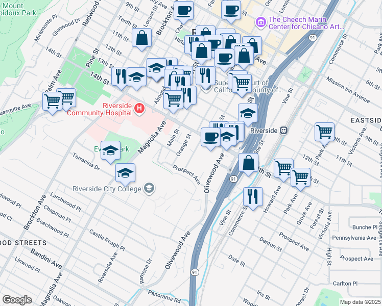 map of restaurants, bars, coffee shops, grocery stores, and more near 4465 Orange Grove Avenue in Riverside