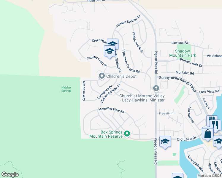 map of restaurants, bars, coffee shops, grocery stores, and more near 10100 Cartagena Drive in Moreno Valley