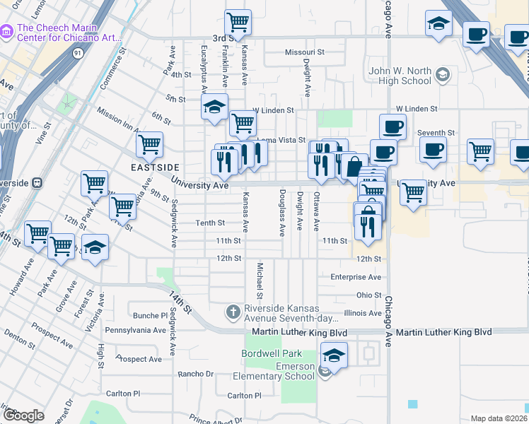 map of restaurants, bars, coffee shops, grocery stores, and more near 2060 University Avenue in Riverside
