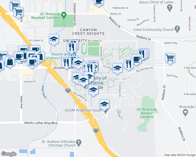 map of restaurants, bars, coffee shops, grocery stores, and more near 4123 Adm B University Ave in Riverside