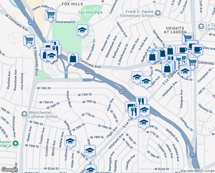 map of restaurants, bars, coffee shops, grocery stores, and more near 5845 West 74th Street in Los Angeles