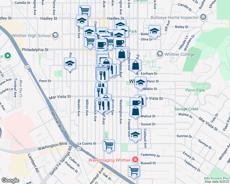 map of restaurants, bars, coffee shops, grocery stores, and more near 7607 Bright Avenue in Whittier