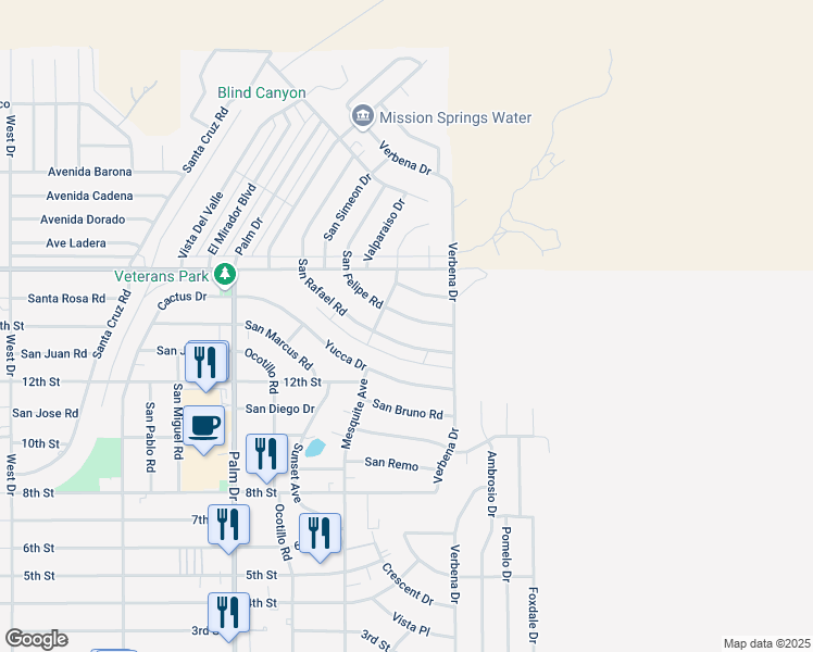 map of restaurants, bars, coffee shops, grocery stores, and more near 66899 San Felipe Road in Desert Hot Springs