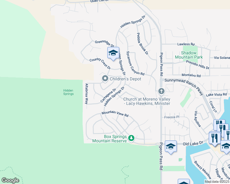 map of restaurants, bars, coffee shops, grocery stores, and more near 10100 Cartagena Drive in Moreno Valley