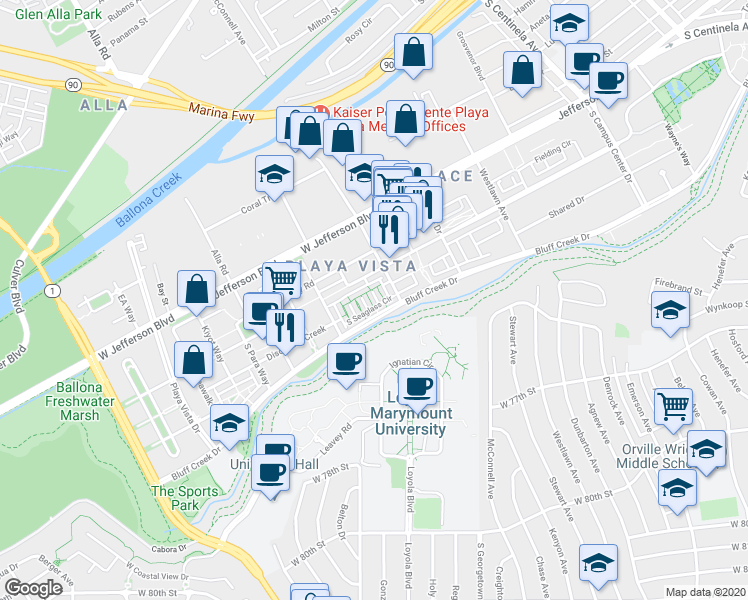 map of restaurants, bars, coffee shops, grocery stores, and more near 5849 South Sparrow Court in Los Angeles
