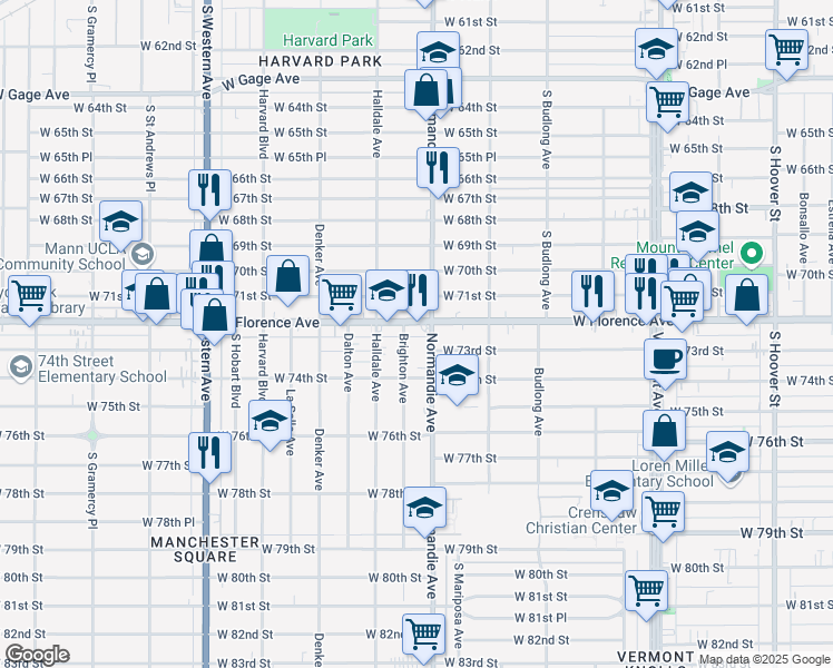 map of restaurants, bars, coffee shops, grocery stores, and more near 1412 West Florence Avenue in Los Angeles