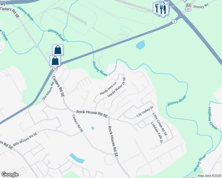 map of restaurants, bars, coffee shops, grocery stores, and more near 439 Hardy Water Drive Southeast in Lawrenceville