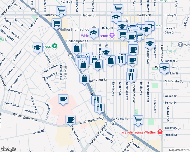 map of restaurants, bars, coffee shops, grocery stores, and more near 7336 Pierce Avenue in Whittier