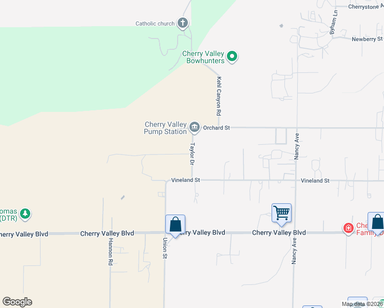 map of restaurants, bars, coffee shops, grocery stores, and more near Taylor Drive in Cherry Valley