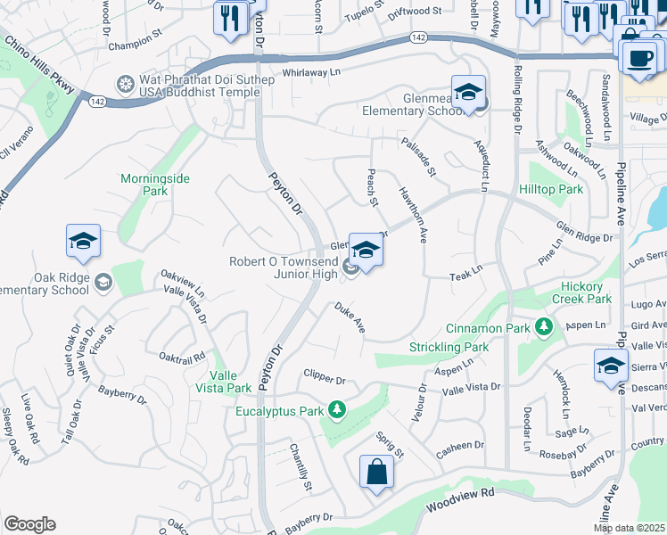 map of restaurants, bars, coffee shops, grocery stores, and more near 15336 Ilex Drive in Chino Hills