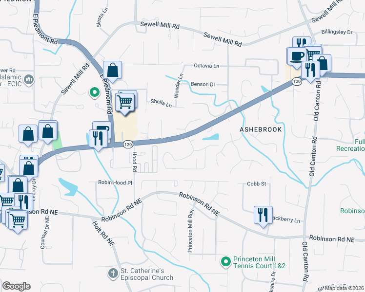 map of restaurants, bars, coffee shops, grocery stores, and more near 977 Bridgegate Drive Northeast in Marietta