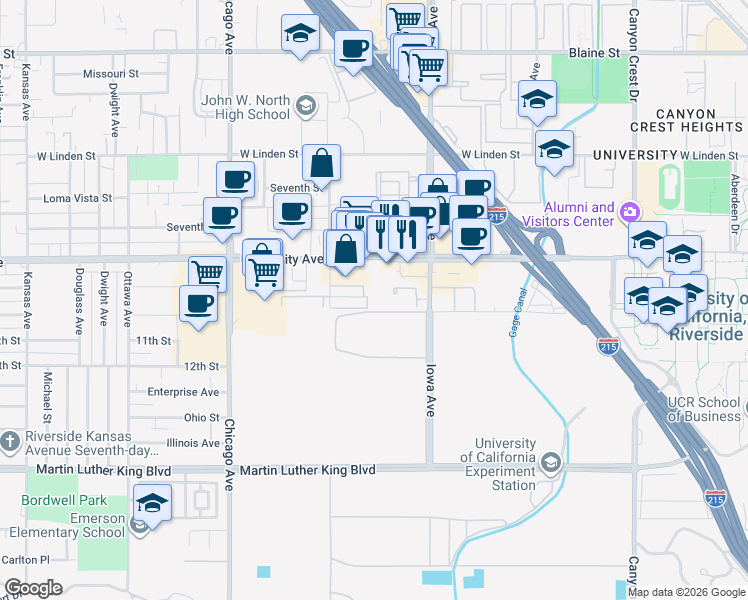 map of restaurants, bars, coffee shops, grocery stores, and more near 1402 Everton Place in Riverside