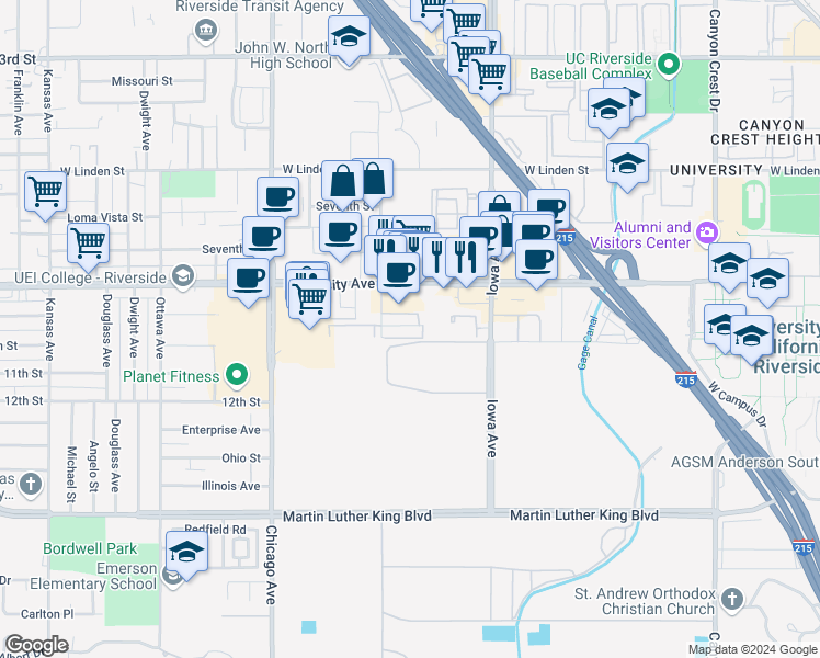 map of restaurants, bars, coffee shops, grocery stores, and more near 1481 Everton Place in Riverside