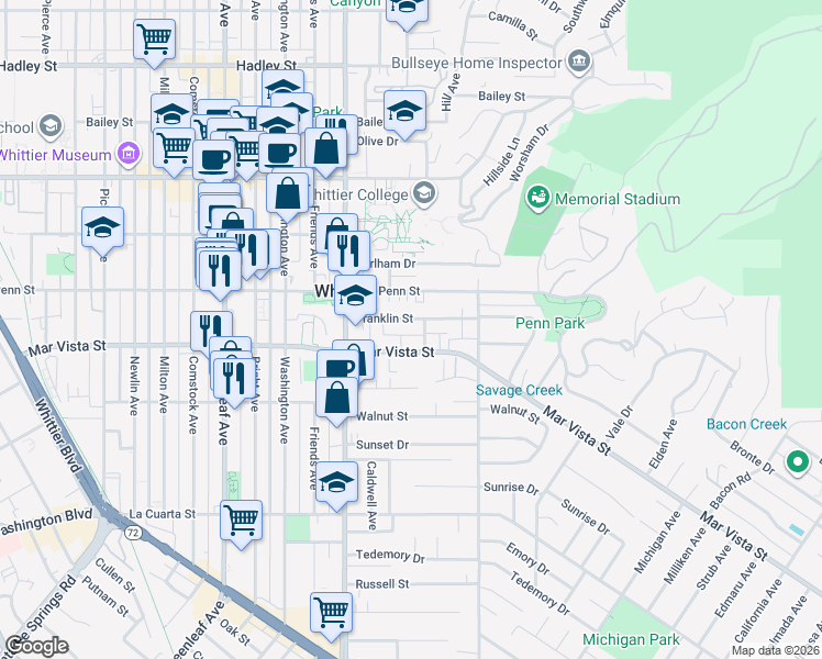 map of restaurants, bars, coffee shops, grocery stores, and more near 13605 Mar Vista Street in Whittier