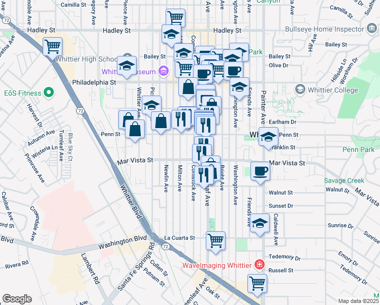 map of restaurants, bars, coffee shops, grocery stores, and more near 7602 Milton Avenue in Whittier
