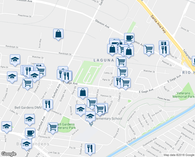 map of restaurants, bars, coffee shops, grocery stores, and more near 6621 East Gage Avenue in Commerce