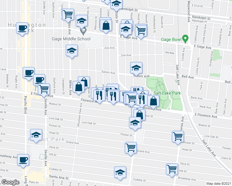 map of restaurants, bars, coffee shops, grocery stores, and more near 7120 Mission Place in Huntington Park