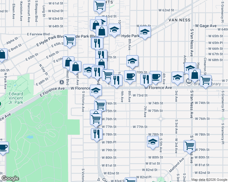 map of restaurants, bars, coffee shops, grocery stores, and more near 3210 West 73rd Street in Los Angeles