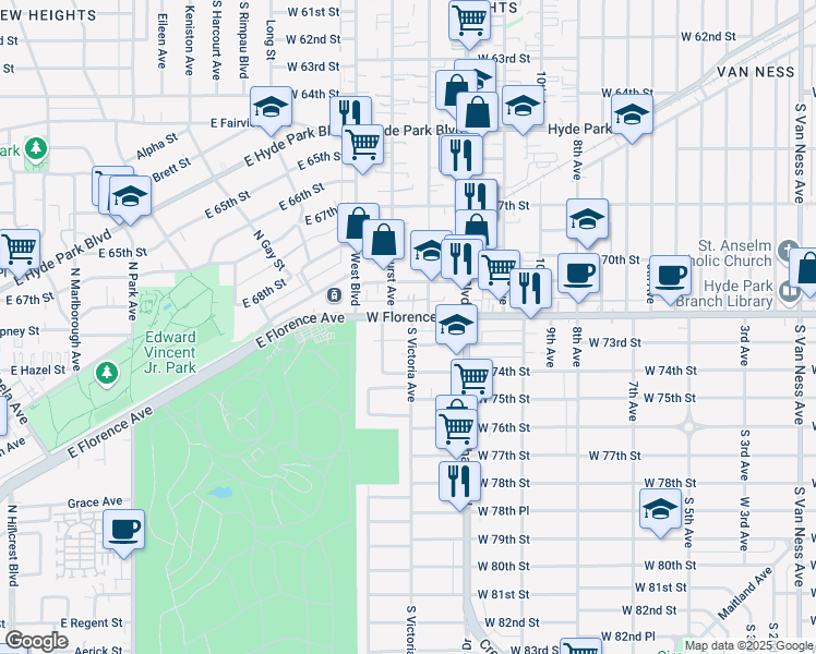 map of restaurants, bars, coffee shops, grocery stores, and more near 7311 South Victoria Avenue in Los Angeles
