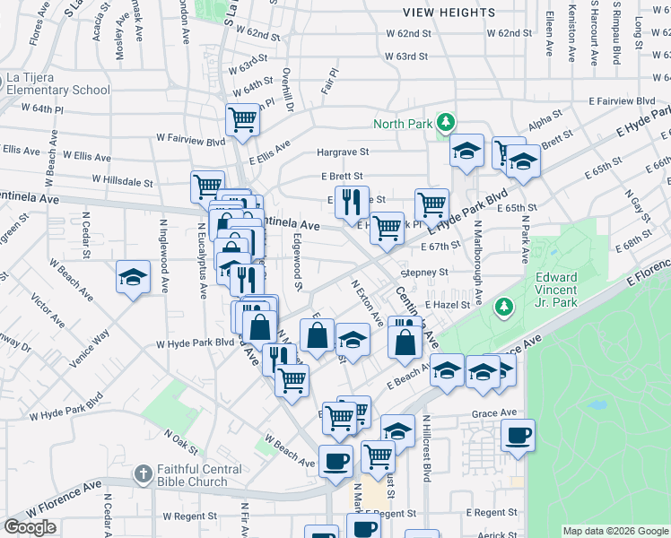 map of restaurants, bars, coffee shops, grocery stores, and more near 324 East Hyde Park Boulevard in Inglewood
