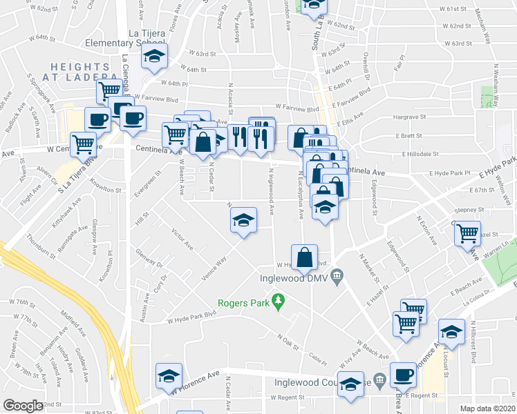 map of restaurants, bars, coffee shops, grocery stores, and more near 317 Venice Way in Inglewood