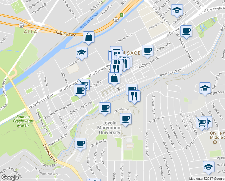 map of restaurants, bars, coffee shops, grocery stores, and more near 5828 South Sparrow Court in Los Angeles