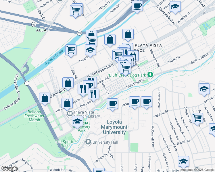map of restaurants, bars, coffee shops, grocery stores, and more near 6021 South Dawn Creek in Los Angeles