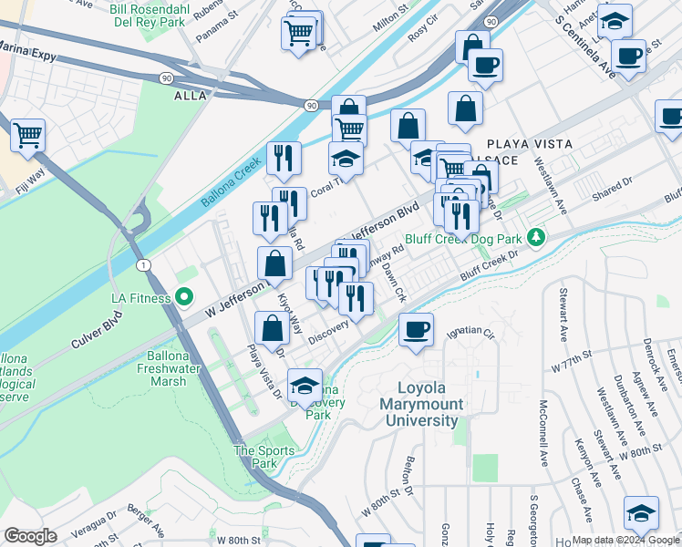 map of restaurants, bars, coffee shops, grocery stores, and more near 6020 South Seabluff Drive in Los Angeles