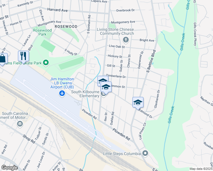 map of restaurants, bars, coffee shops, grocery stores, and more near 1400 South Kilbourne Road in Columbia