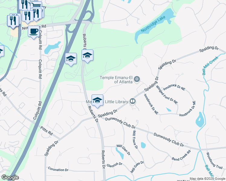 map of restaurants, bars, coffee shops, grocery stores, and more near 1595 Bakers Glen Drive in Atlanta