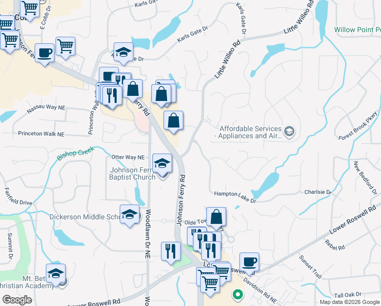map of restaurants, bars, coffee shops, grocery stores, and more near 1010 Johnson Ferry Road in Marietta
