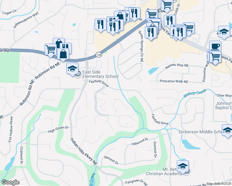 map of restaurants, bars, coffee shops, grocery stores, and more near 977 Muirfield Drive Northeast in Marietta